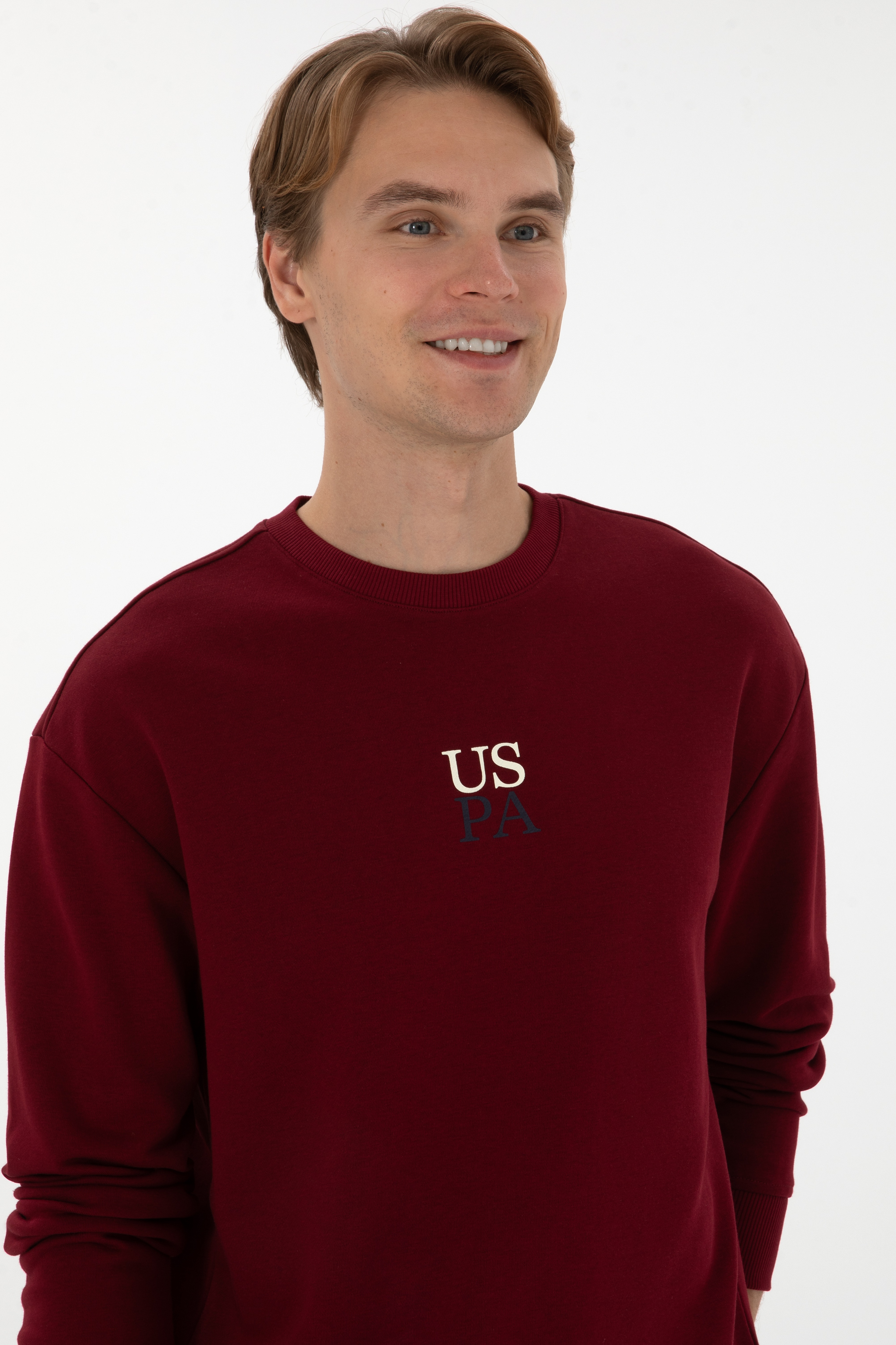 Erkek Comfort Fit Bisiklet Yaka Bordo Basic Sweatshirt