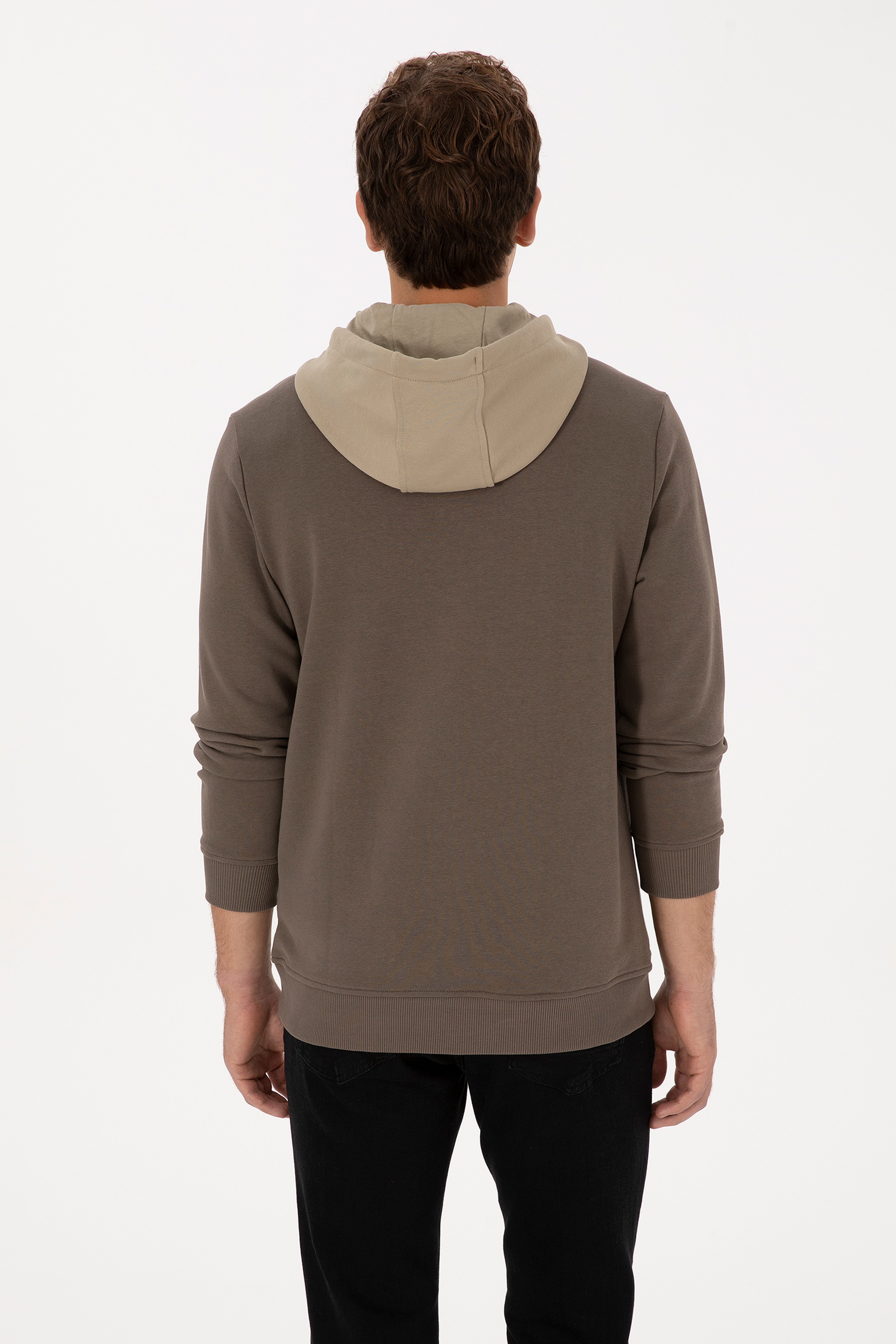 Erkek Regular Fit Kapüşonlu Vizon Sweatshirt - Image 5