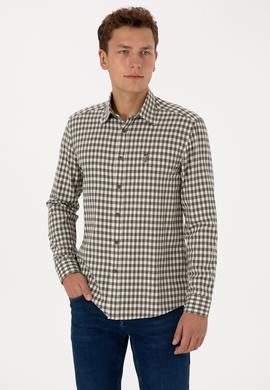 Erkek Koyu Yeşil Uzun Kollu Kareli Gömlek - 50316593006