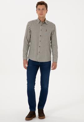 Erkek Koyu Yeşil Uzun Kollu Kareli Gömlek - 50316593006