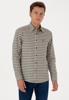 Erkek Koyu Yeşil Uzun Kollu Kareli Gömlek - 50316593006