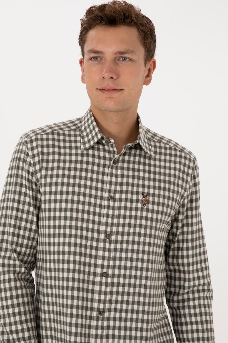 Erkek Koyu Yeşil Uzun Kollu Kareli Gömlek