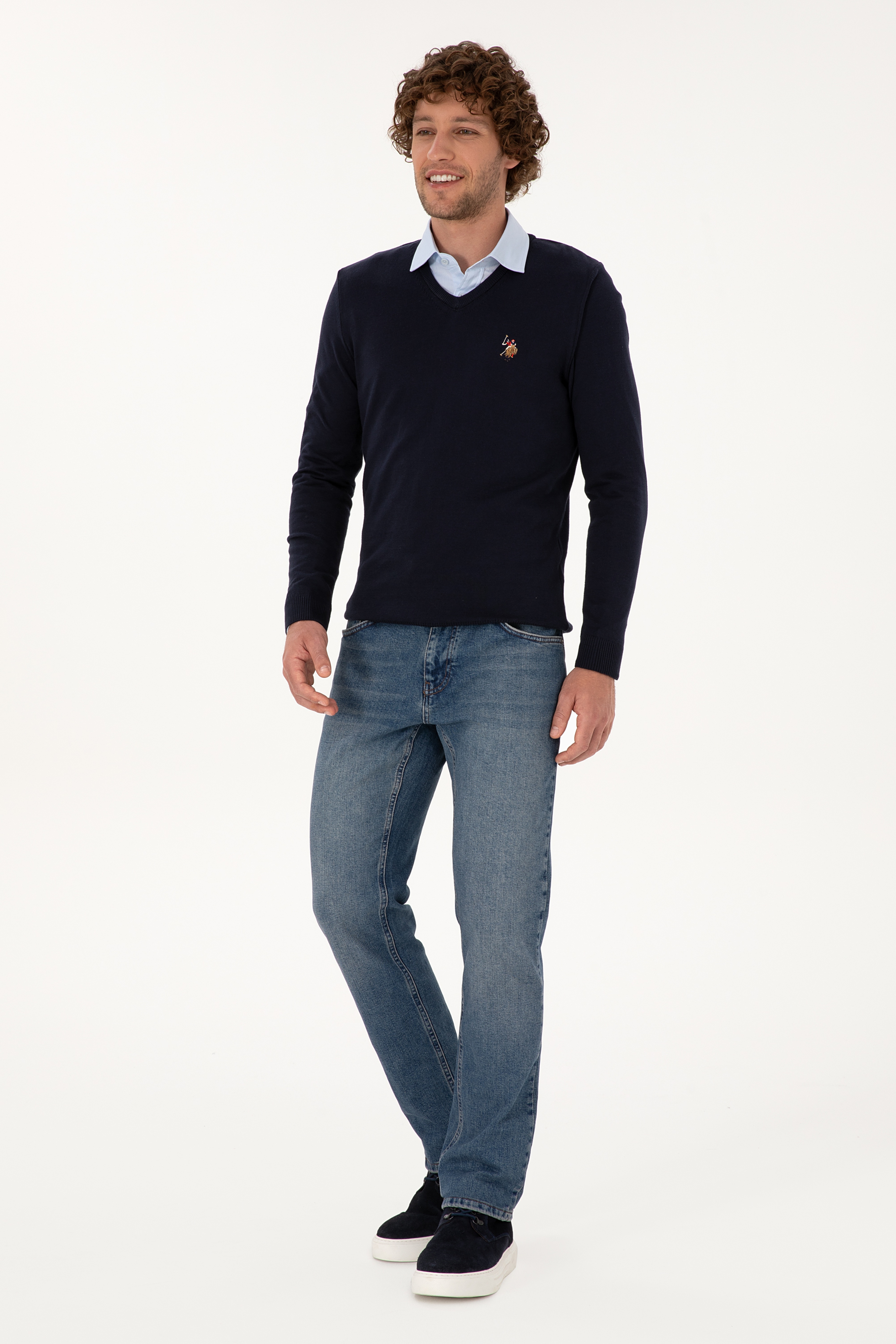 Erkek Slim Fit V Yaka Lacivert Basic Kazak - Image 4