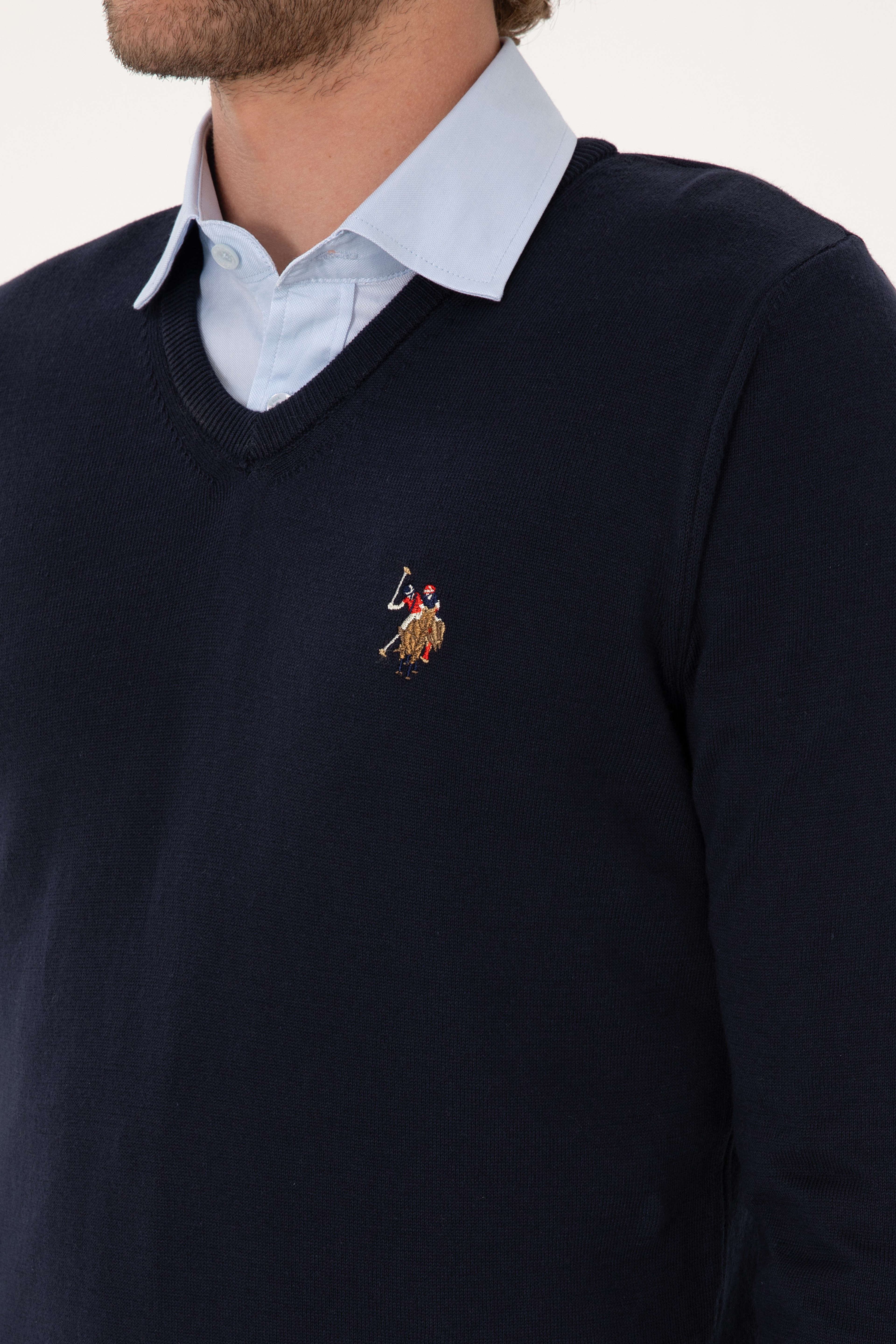 Erkek Slim Fit V Yaka Lacivert Basic Kazak - Image 7