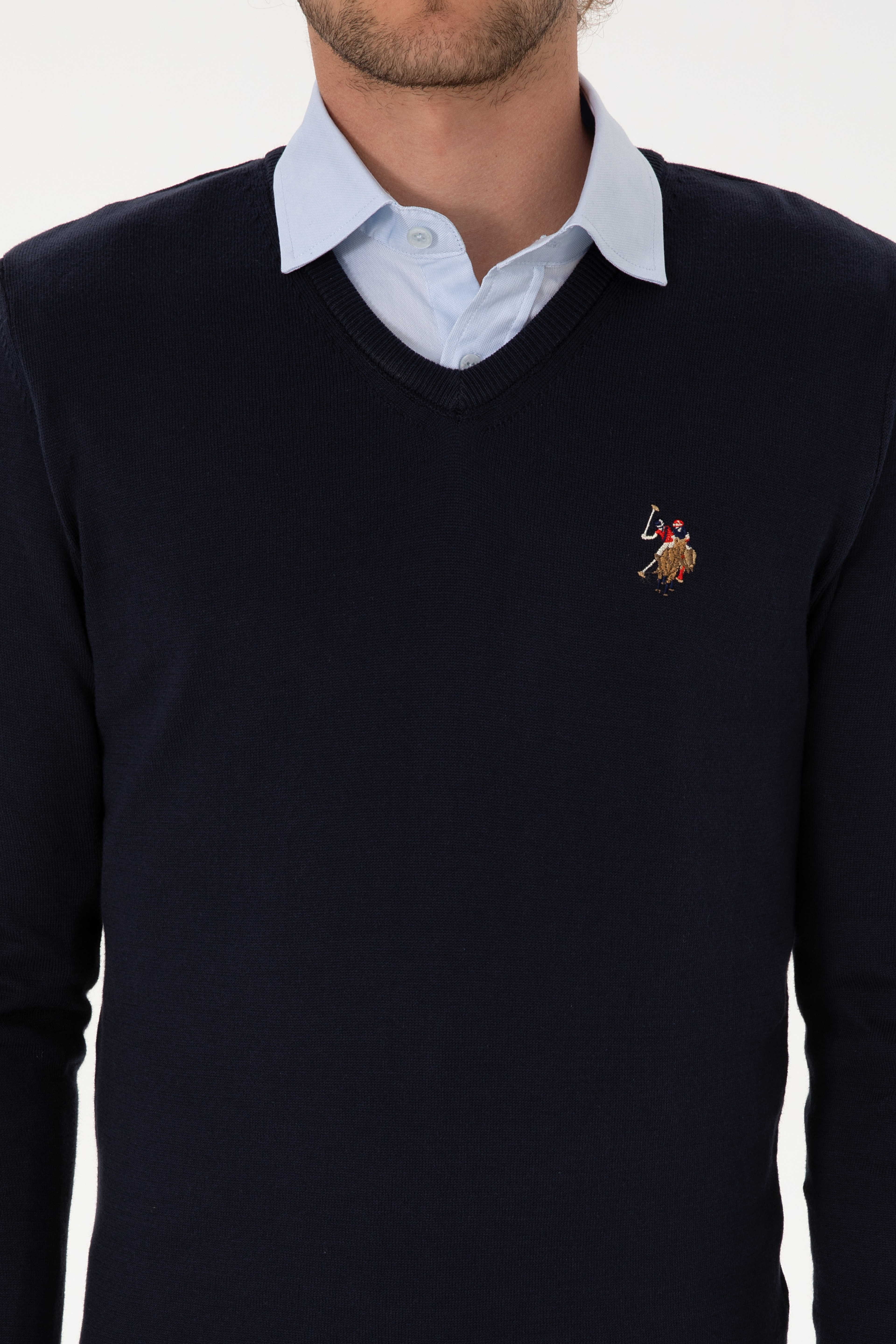 Erkek Slim Fit V Yaka Lacivert Basic Kazak