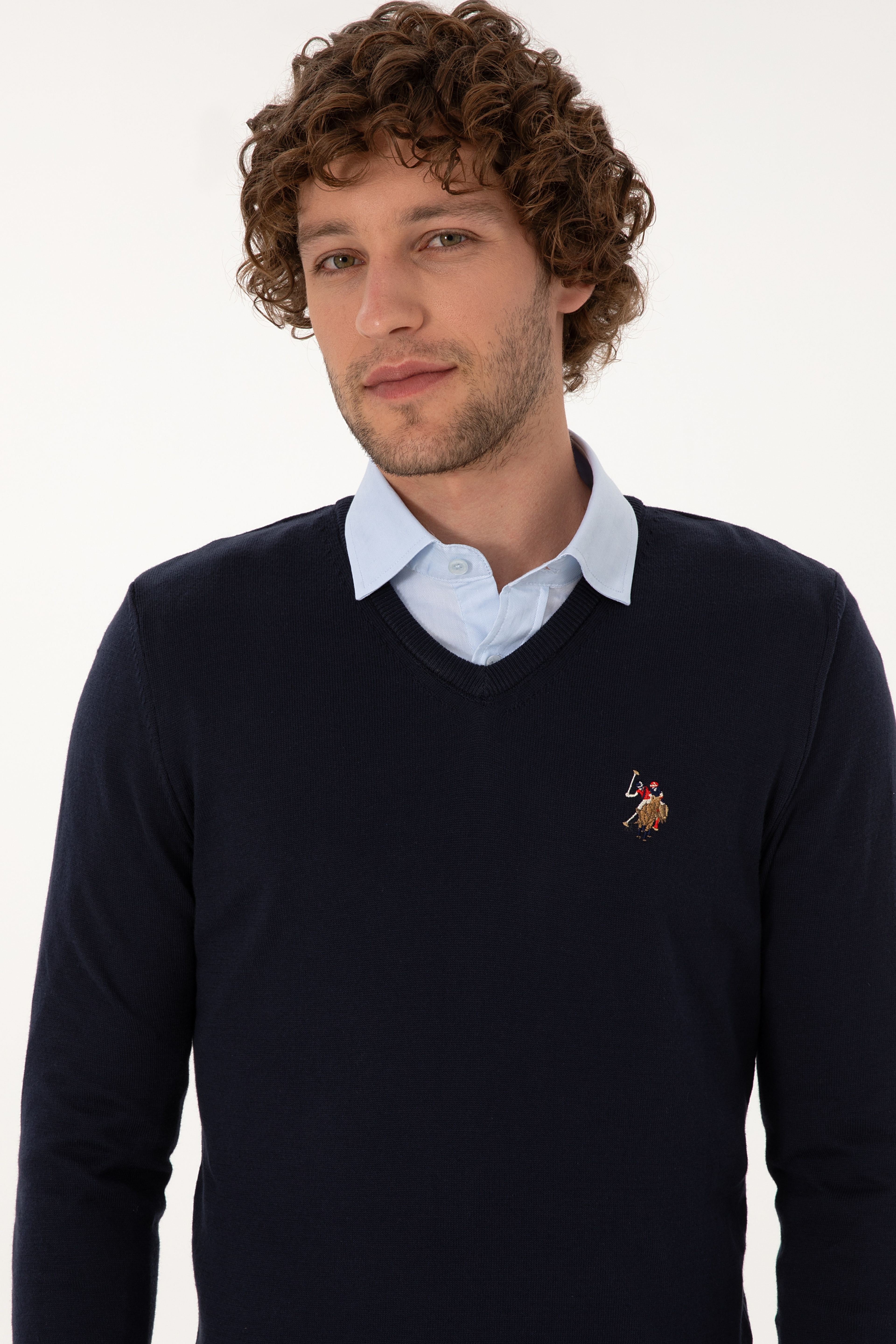 Erkek Slim Fit V Yaka Lacivert Basic Kazak - Image 2