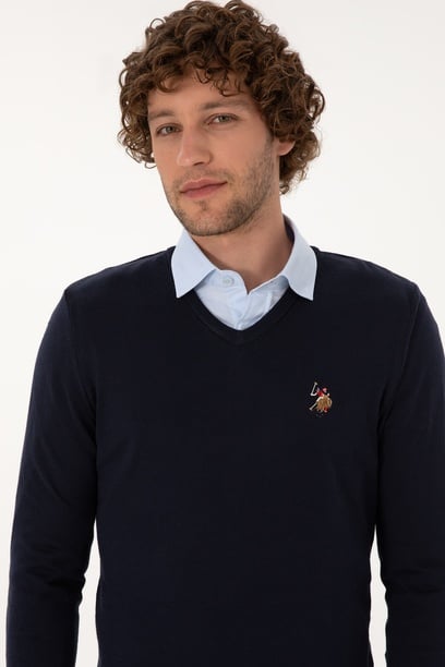 Erkek Slim Fit V Yaka Lacivert Basic Kazak