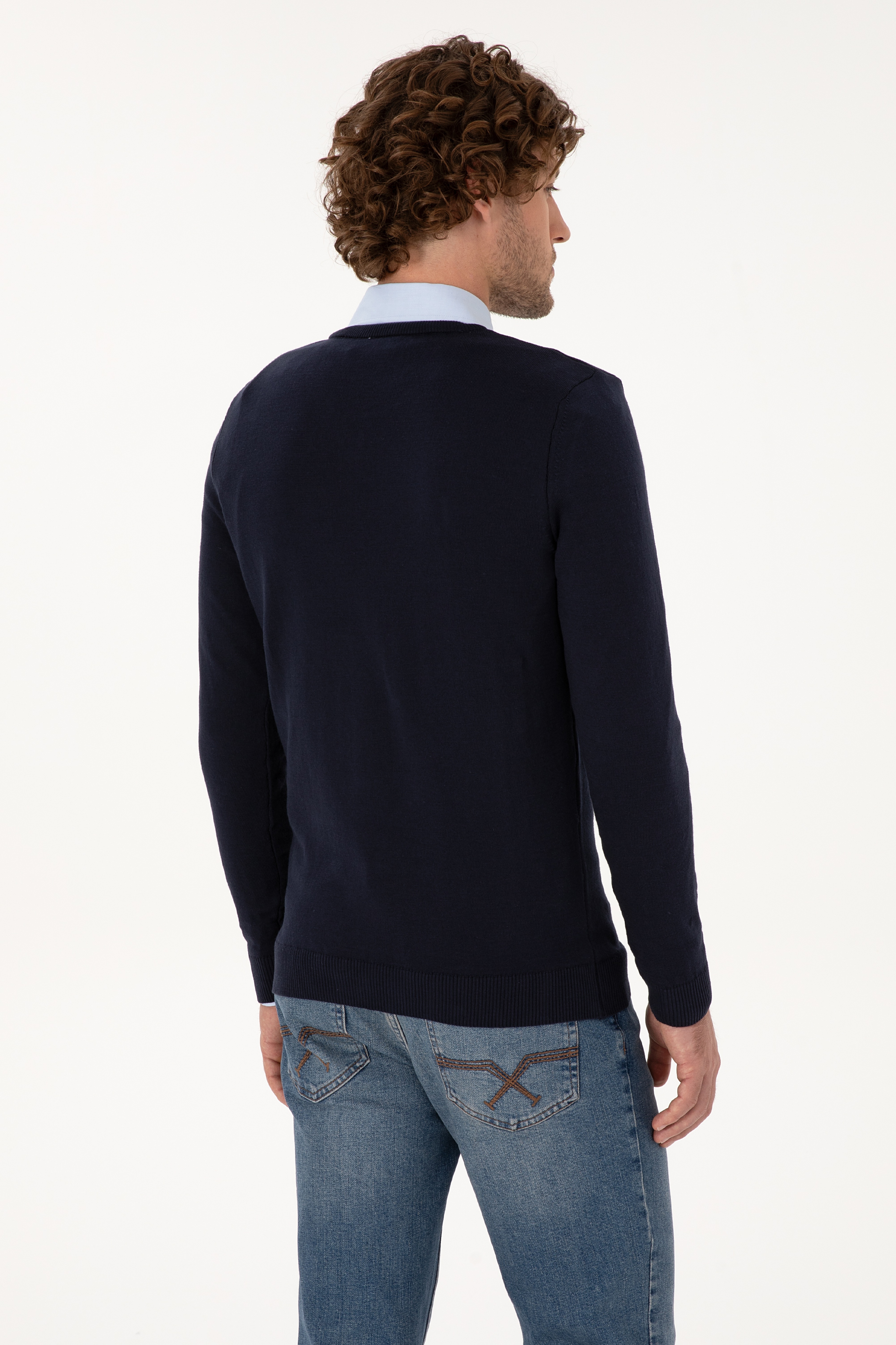 Erkek Slim Fit V Yaka Lacivert Basic Kazak - Image 5