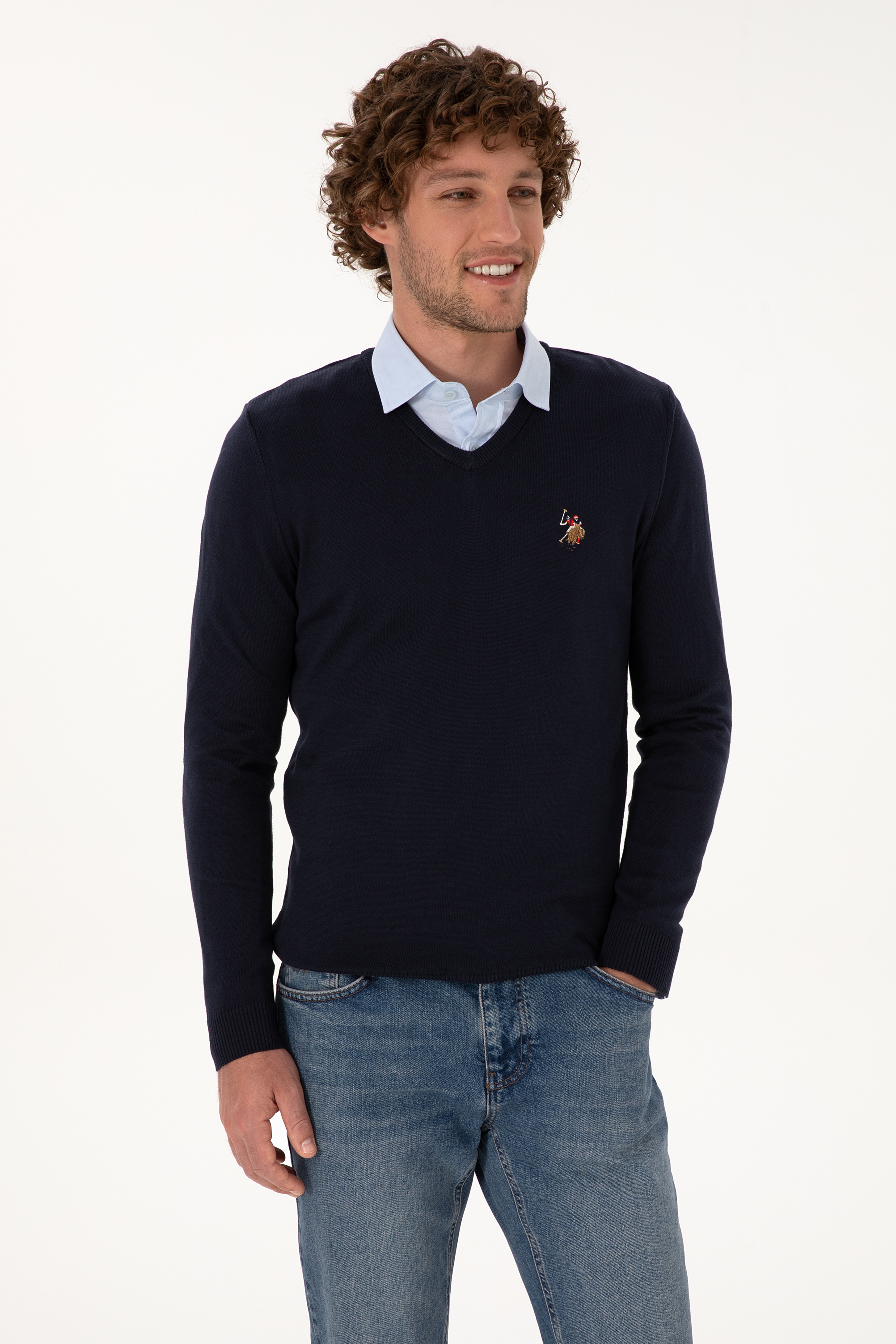 Erkek Slim Fit V Yaka Lacivert Basic Kazak
