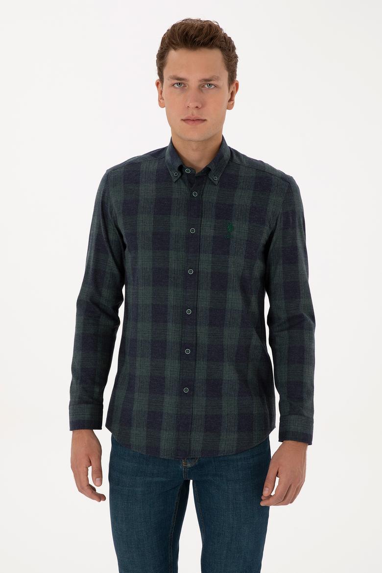Erkek Koyu Yeşil Kareli Uzun Kollu Gömlek