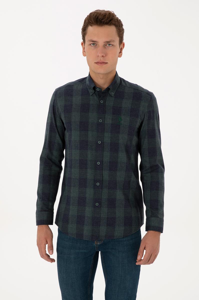 Erkek Koyu Yeşil Kareli Uzun Kollu Gömlek