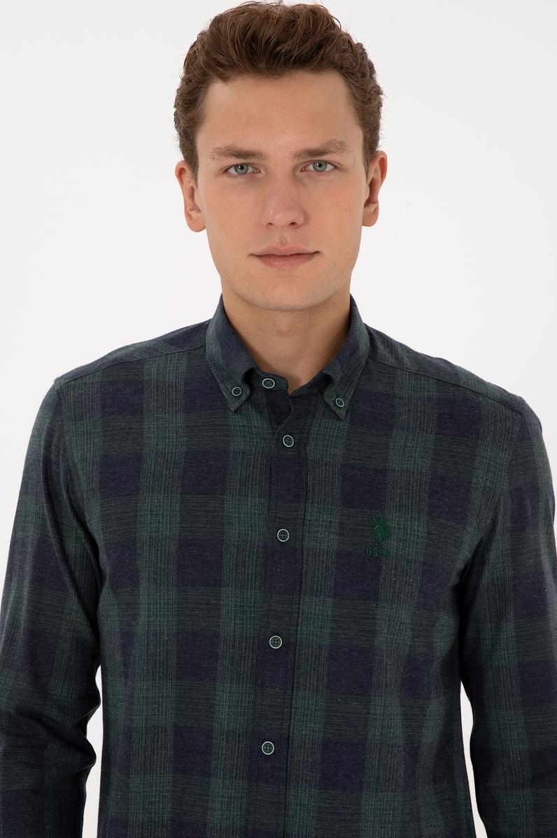 Erkek Koyu Yeşil Kareli Uzun Kollu Gömlek