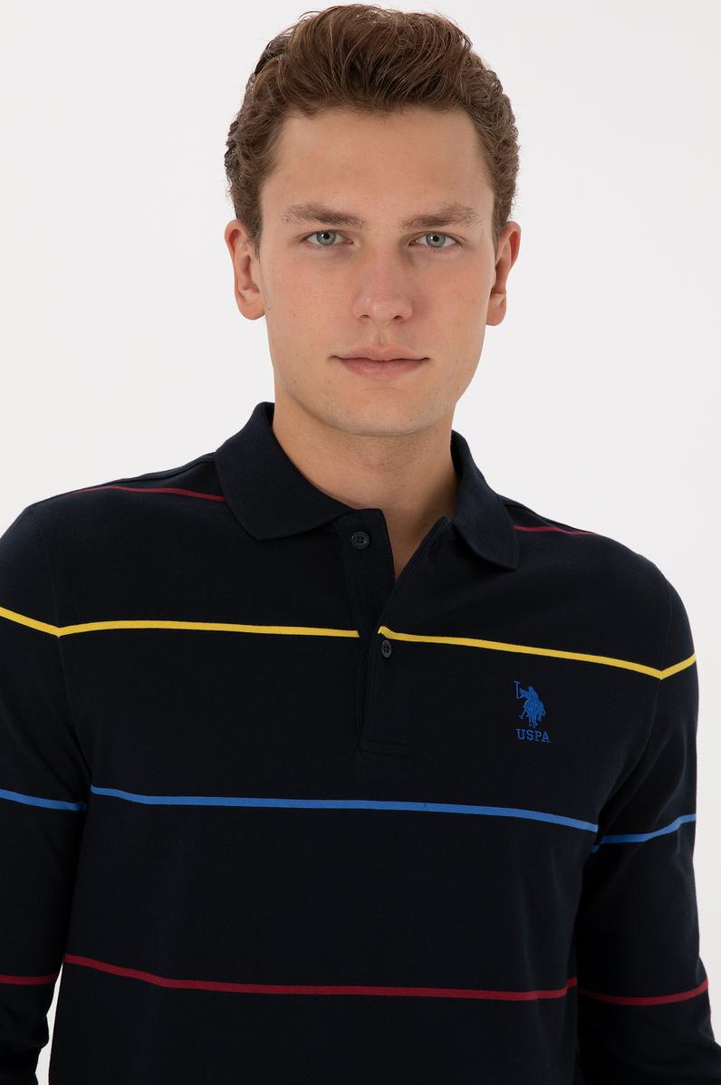 Erkek Regular Fit Polo Yaka Çizgili Lacivert Sweatshirt