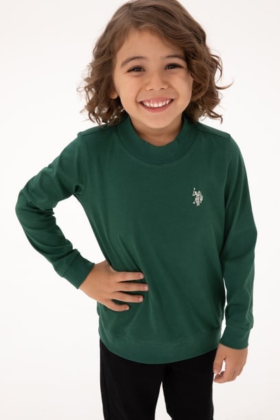 Erkek Çocuk Koyu Yeşil Basic Bisiklet Yaka Sweatshirt