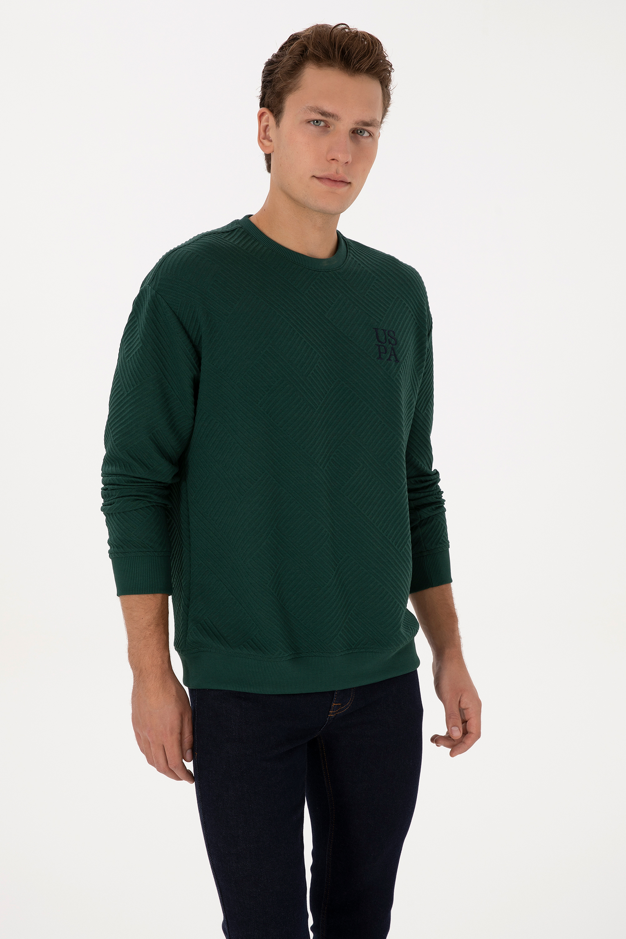 Erkek Oversize Fit Bisiklet Yaka Koyu Yeşil Sweatshirt - Image 3