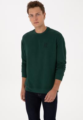 Erkek Oversize Fit Bisiklet Yaka Koyu Yeşil Sweatshirt - 50310006077