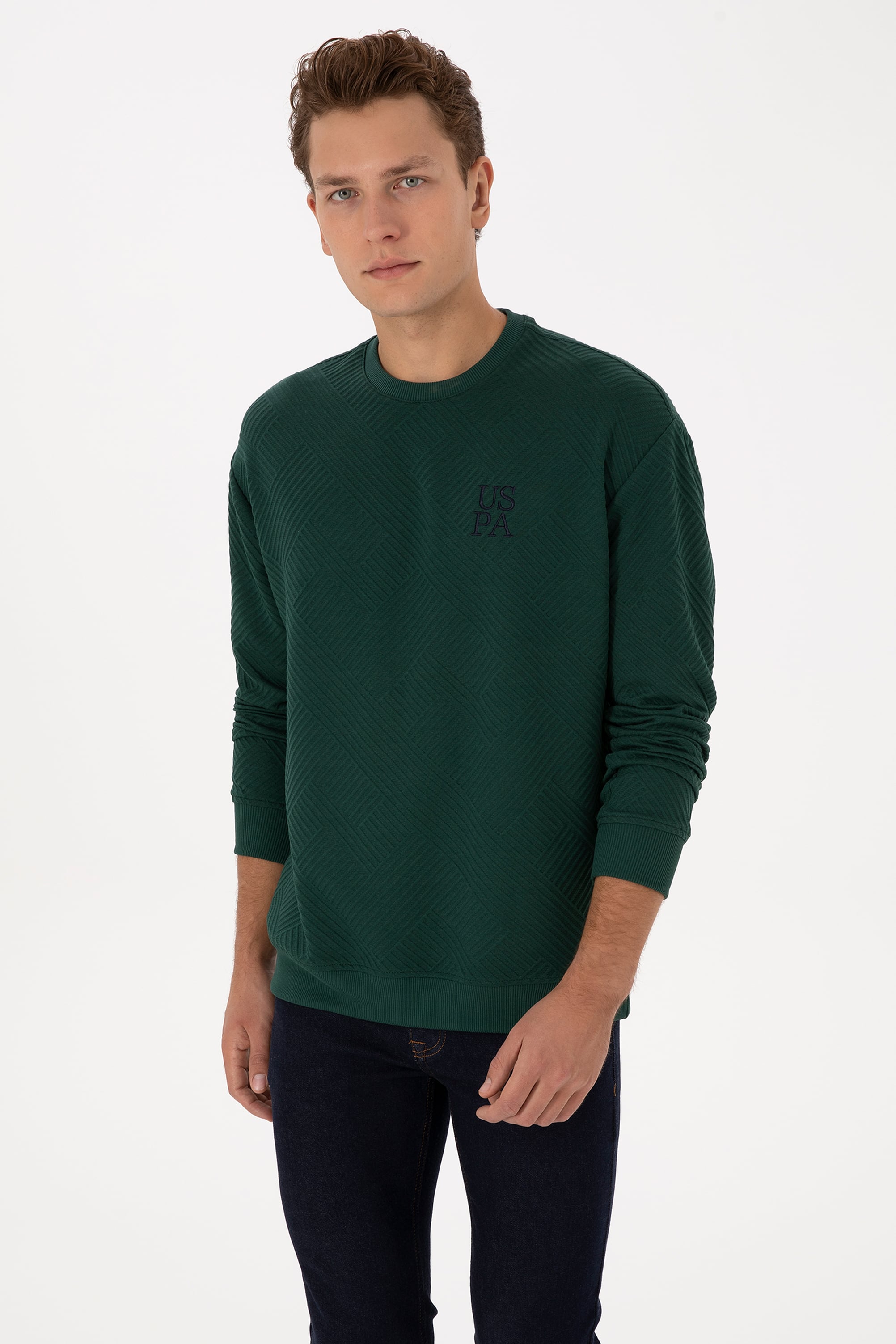 Erkek Oversize Fit Bisiklet Yaka Koyu Yeşil Sweatshirt - Image 1