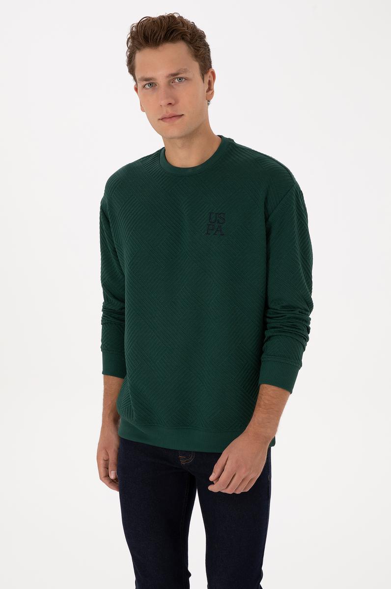 Erkek Oversize Fit Bisiklet Yaka Koyu Yeşil Sweatshirt
