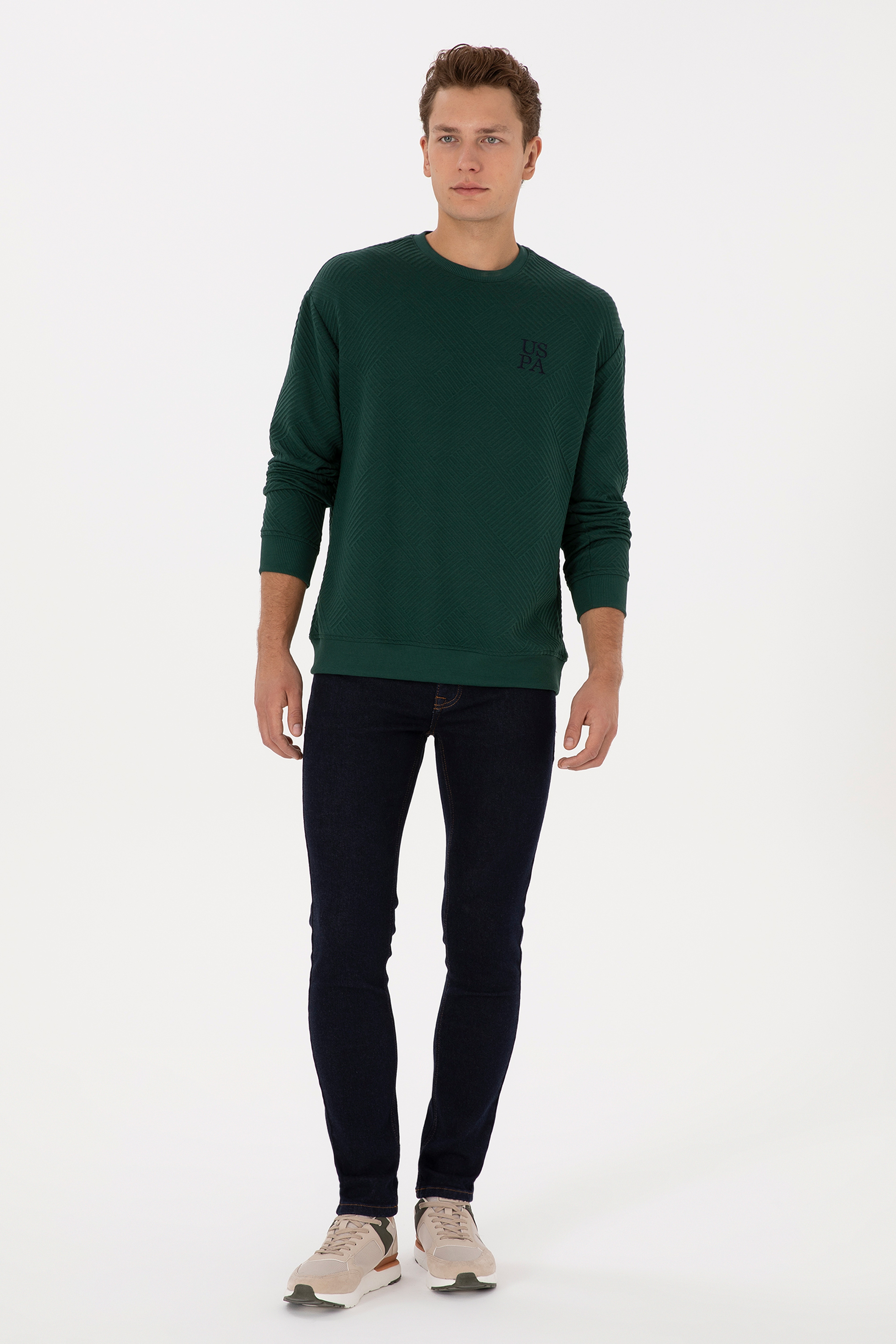 Erkek Oversize Fit Bisiklet Yaka Koyu Yeşil Sweatshirt
