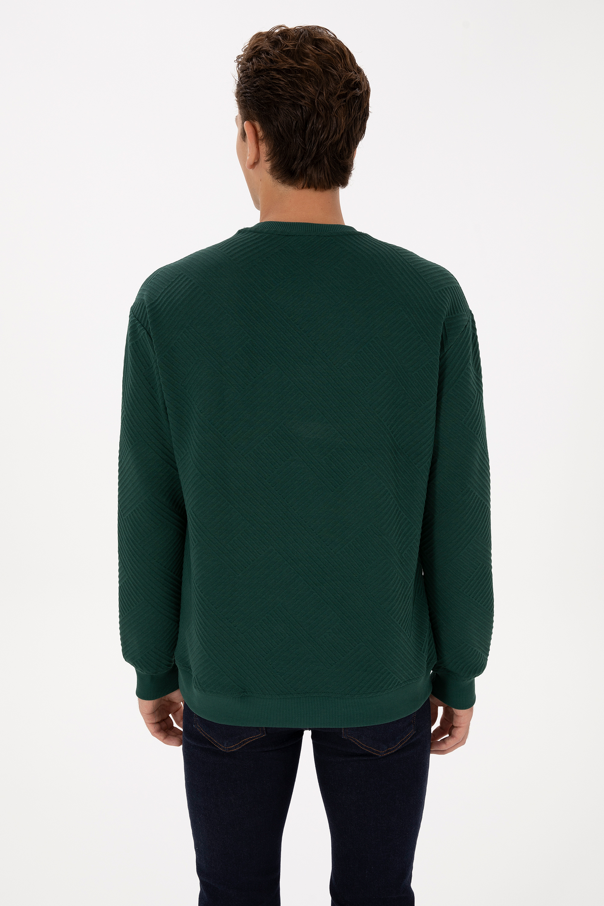 Erkek Oversize Fit Bisiklet Yaka Koyu Yeşil Sweatshirt - Image 5