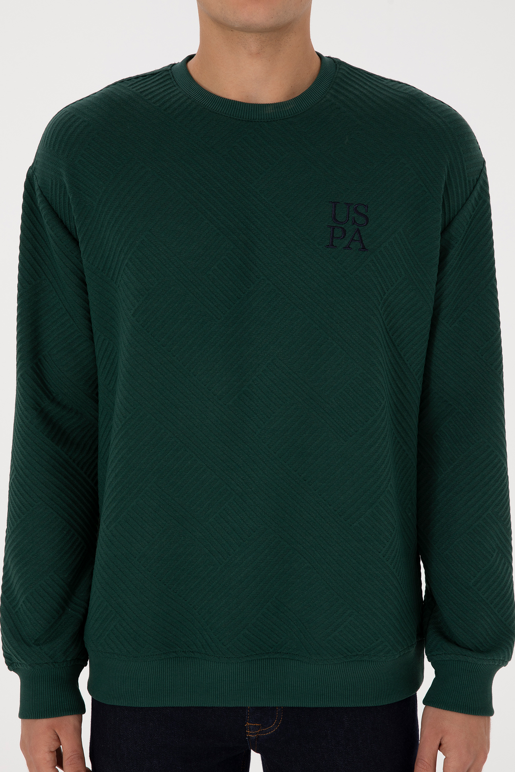 Erkek Oversize Fit Bisiklet Yaka Koyu Yeşil Sweatshirt - Image 6