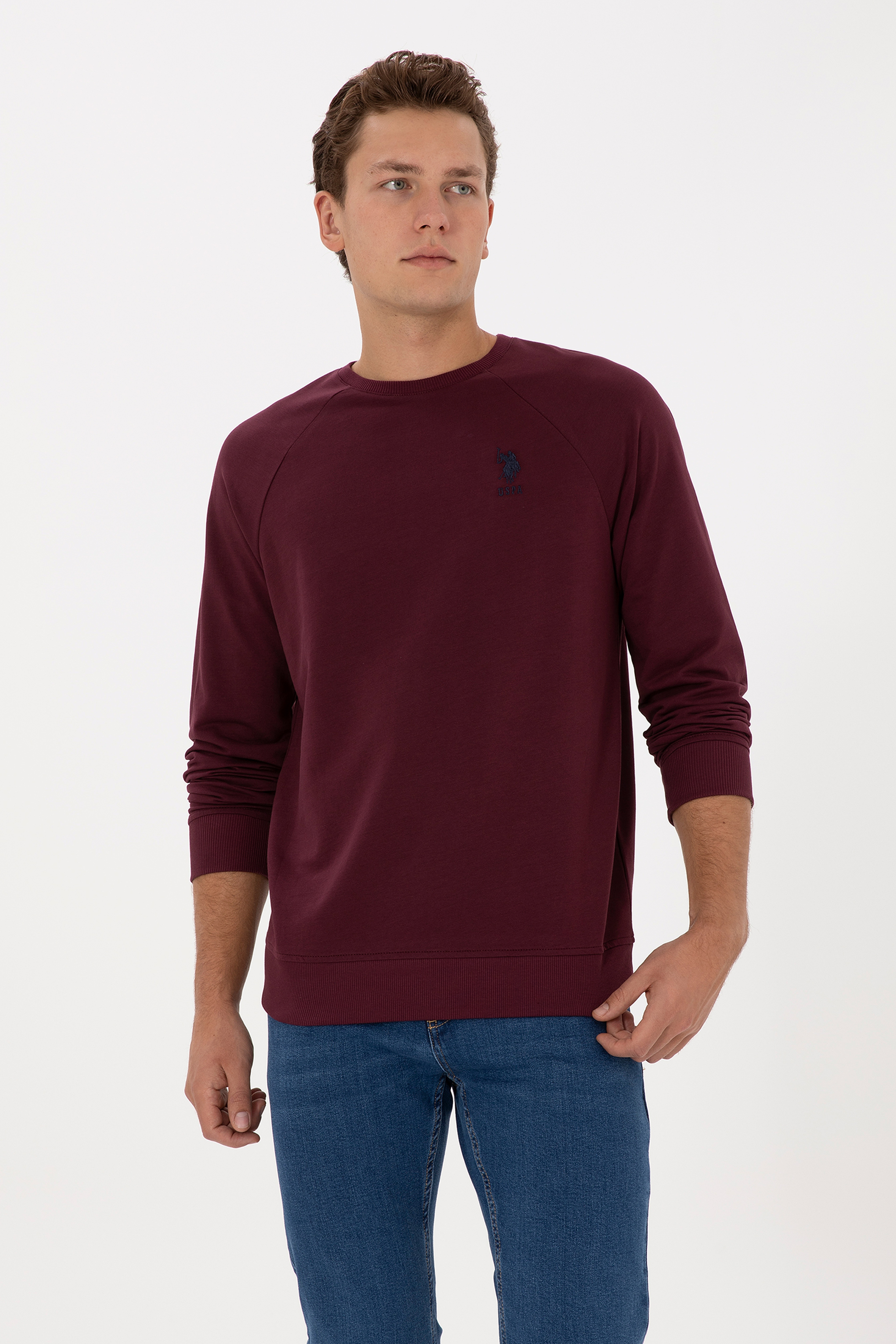 Erkek Regular Fit Bisiklet Yaka Bordo Basic Sweatshirt