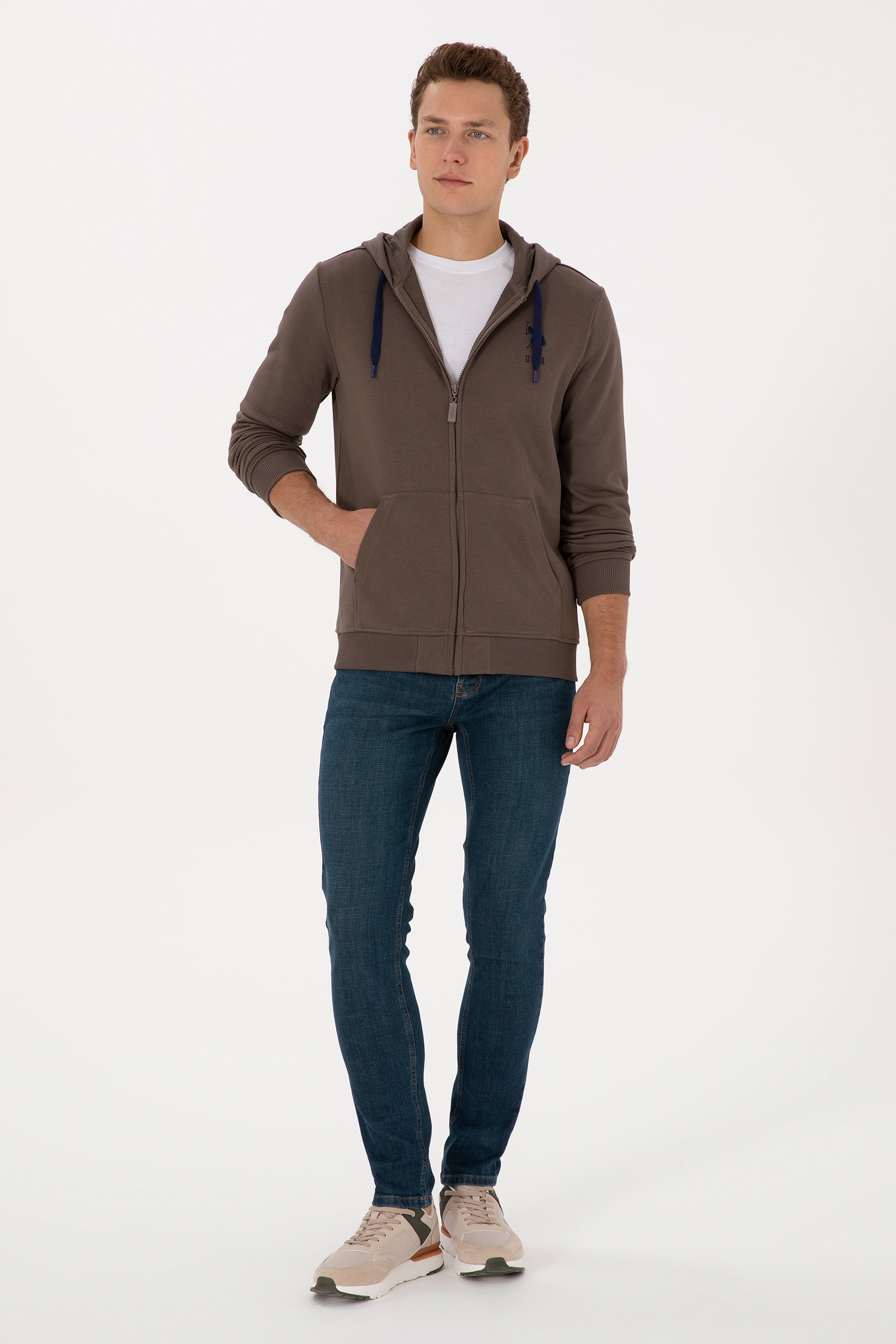 Erkek Regular Fit Regular Fit Fermuarlı Kapüşonlu Vizon Örme Hırka - Image 4