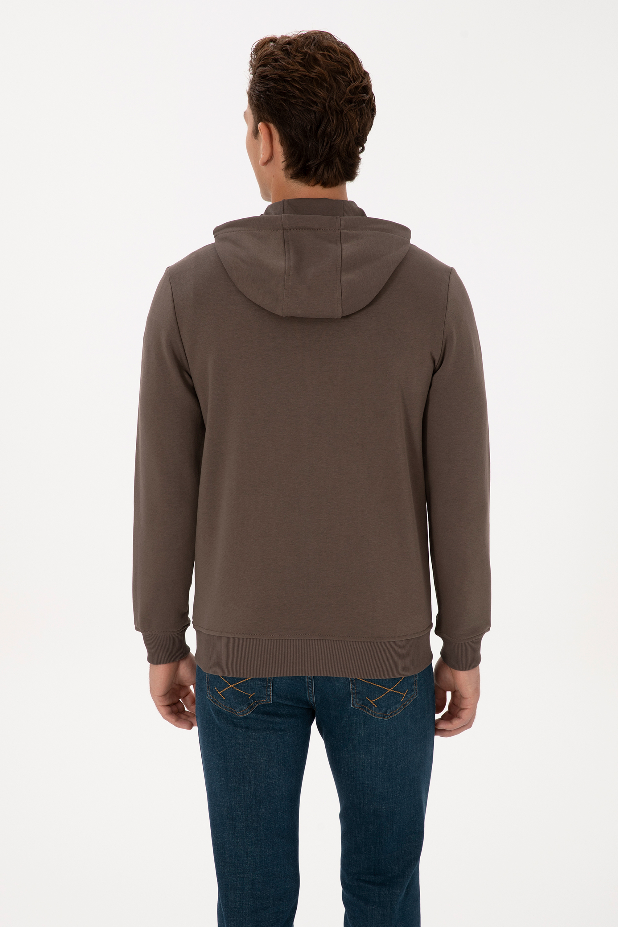 Erkek Regular Fit Regular Fit Fermuarlı Kapüşonlu Vizon Örme Hırka - Image 5