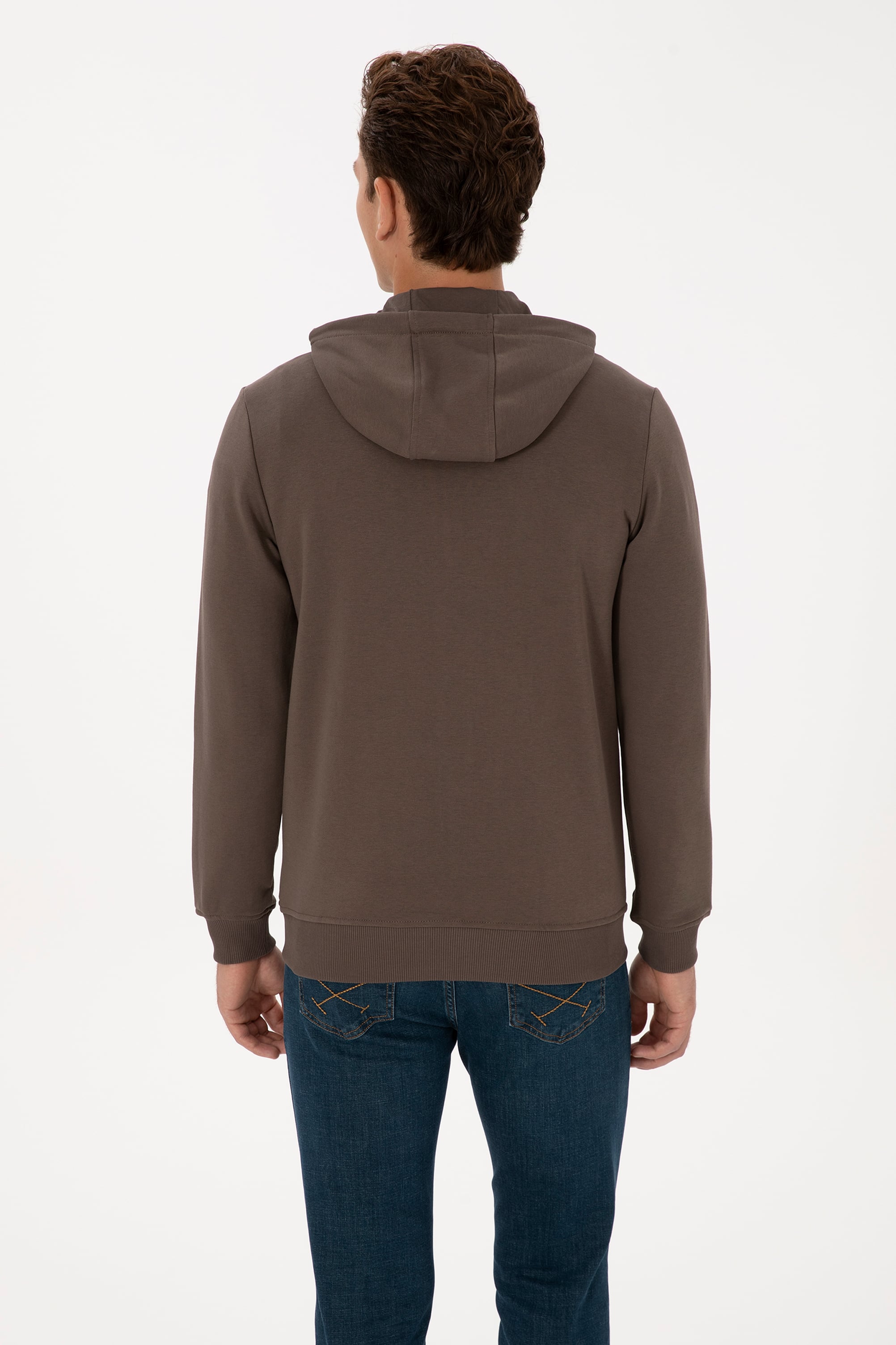 Erkek Regular Fit Regular Fit Fermuarlı Kapüşonlu Vizon Örme Hırka