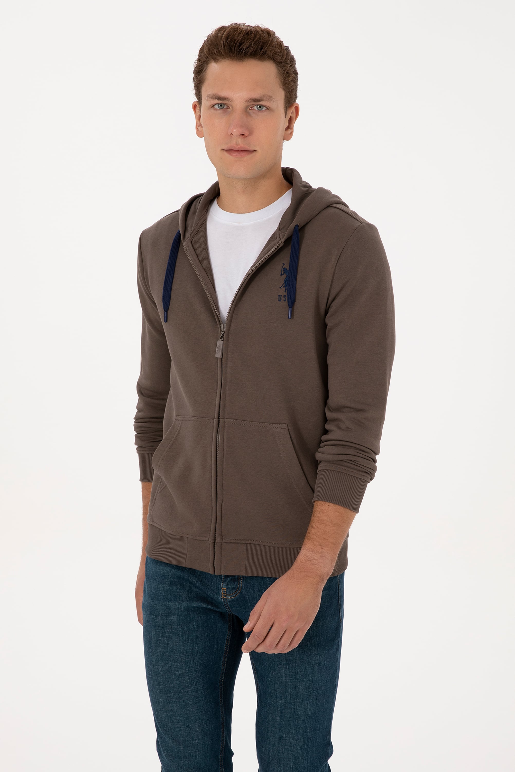 Erkek Regular Fit Regular Fit Fermuarlı Kapüşonlu Vizon Örme Hırka - Image 3