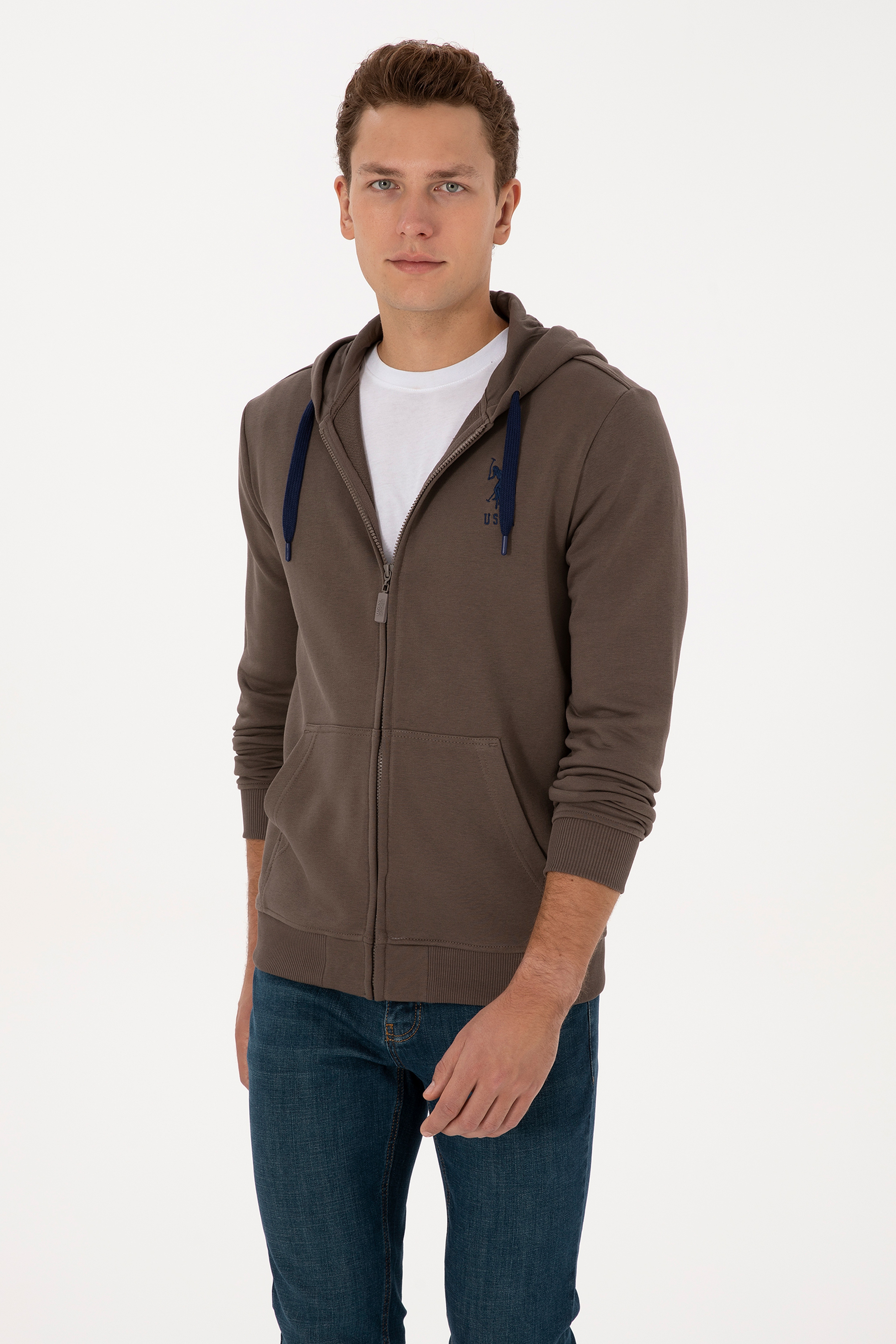 Erkek Regular Fit Regular Fit Fermuarlı Kapüşonlu Vizon Örme Hırka