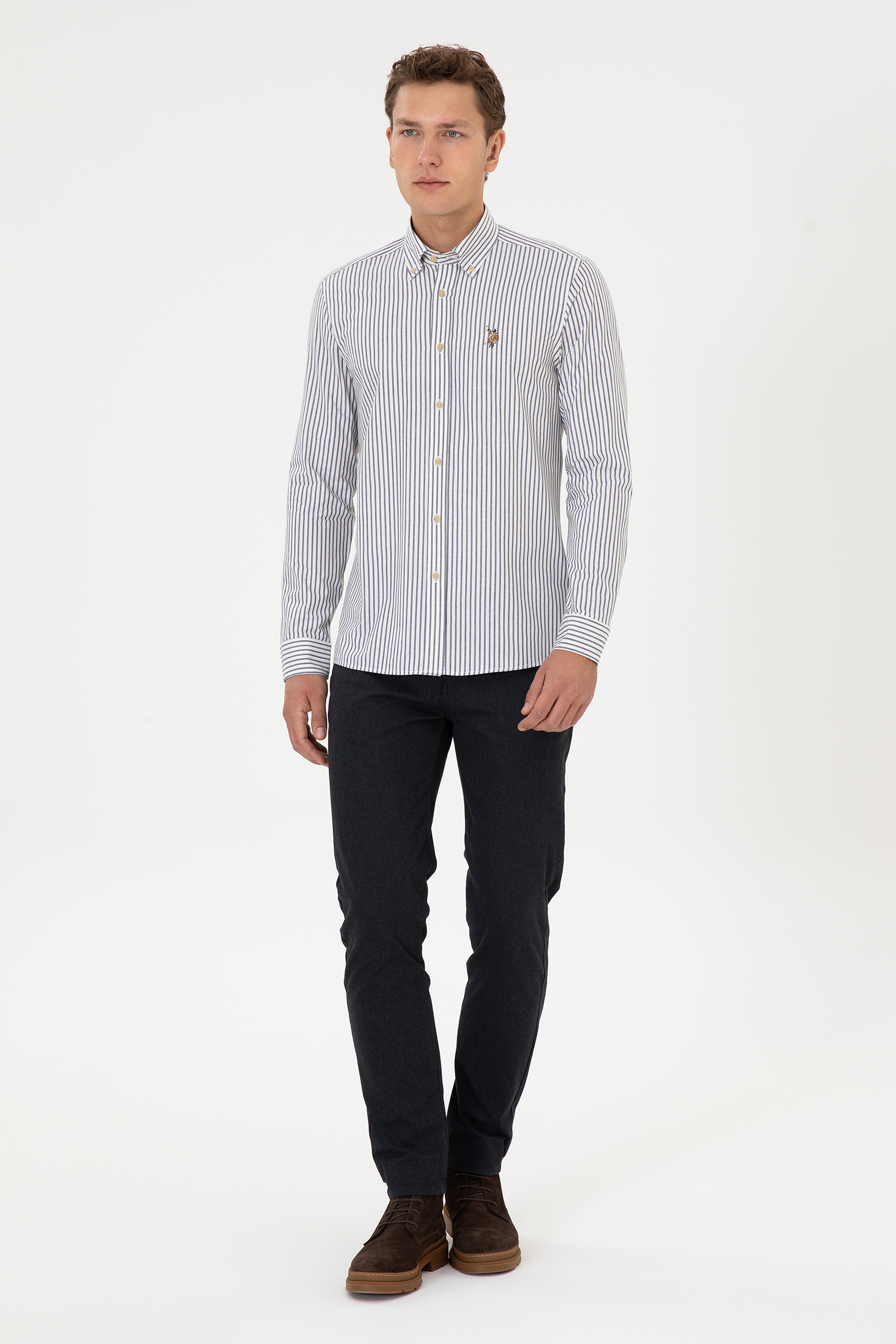 Erkek Beyaz  Uzun Kollu Çizgili Gömlek - Image 4