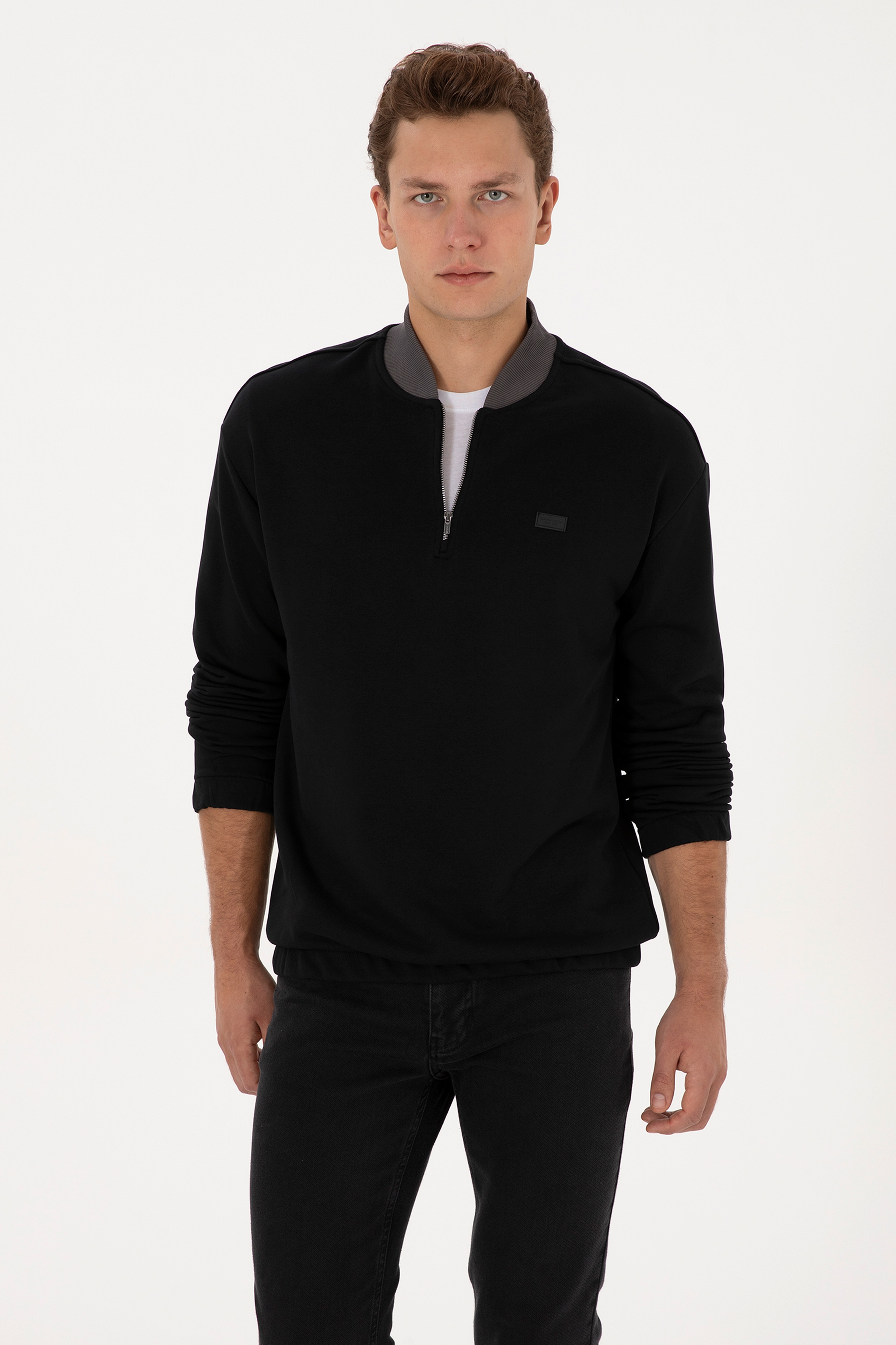 Erkek Comfort Fit Yarım Fermuarlı Siyah Sweatshirt - Image 3