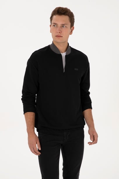 Erkek Comfort Fit Yarım Fermuarlı Siyah Sweatshirt
