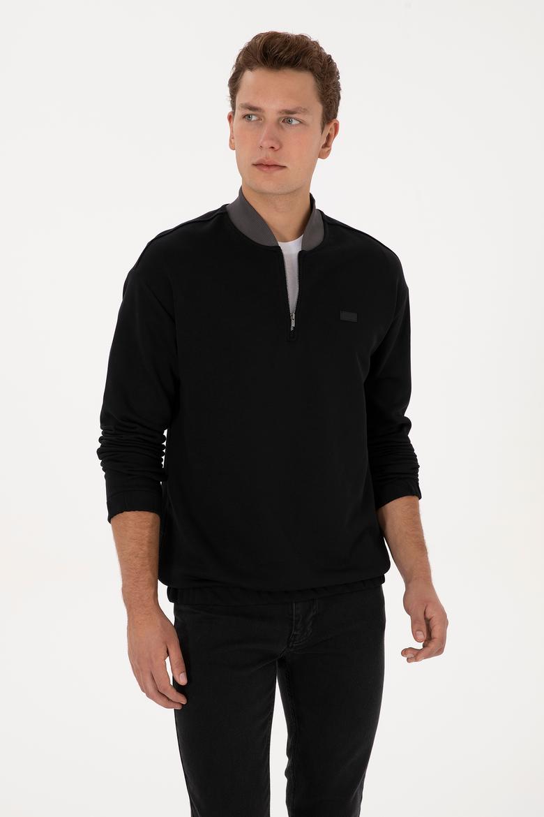 Erkek Comfort Fit Yarım Fermuarlı Siyah Sweatshirt