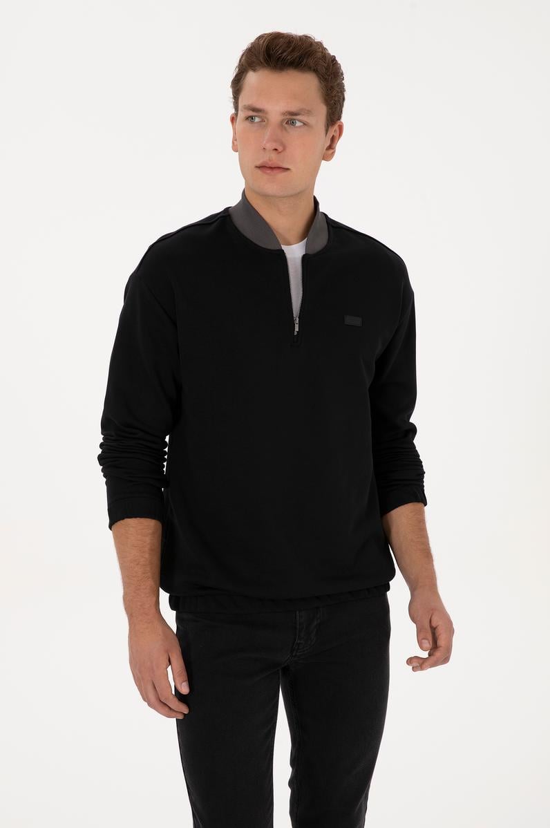 Erkek Comfort Fit Yarım Fermuarlı Siyah Sweatshirt