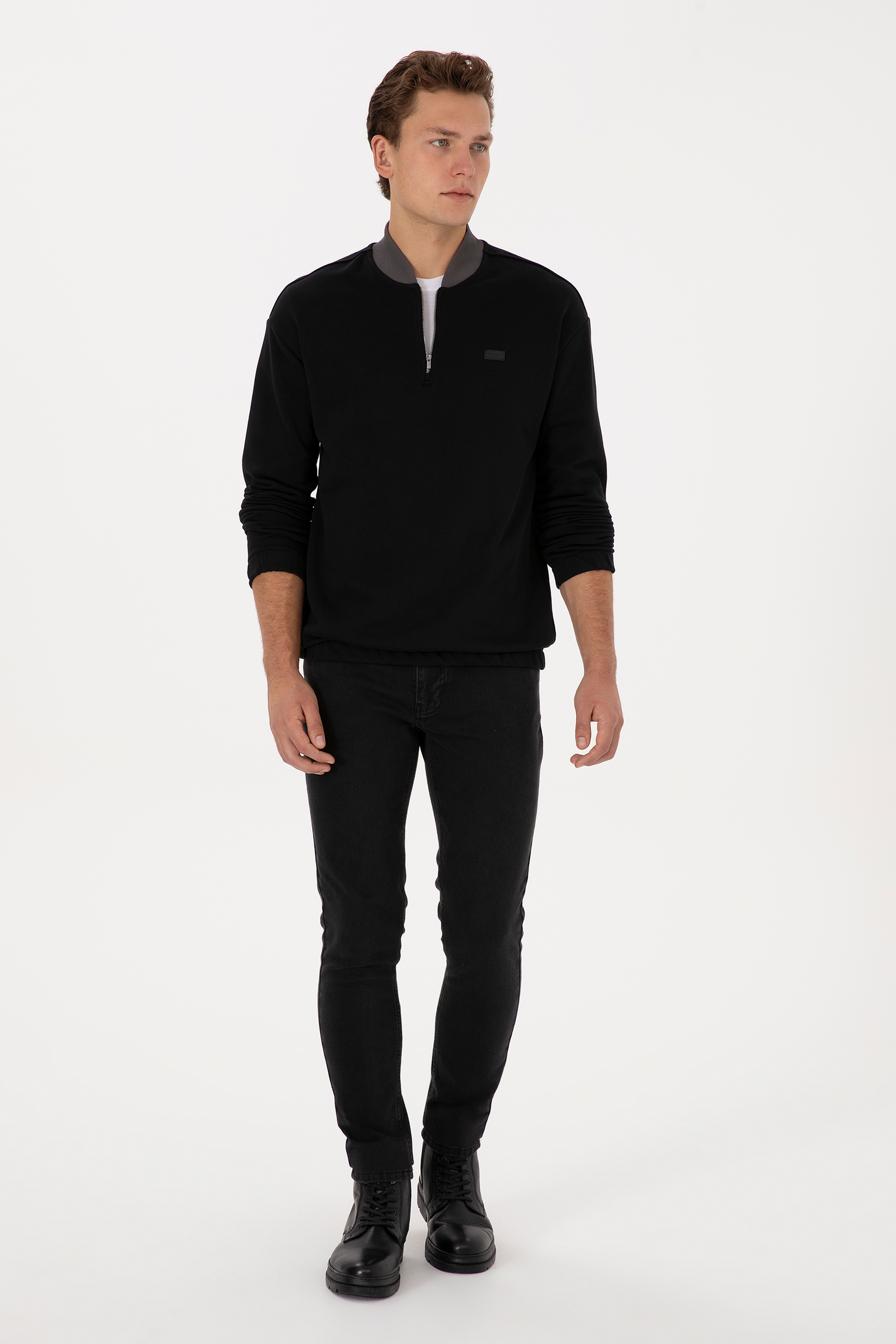 Erkek Comfort Fit Yarım Fermuarlı Siyah Sweatshirt - Image 4