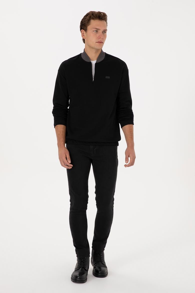 Erkek Comfort Fit Yarım Fermuarlı Siyah Sweatshirt - 50309019036
