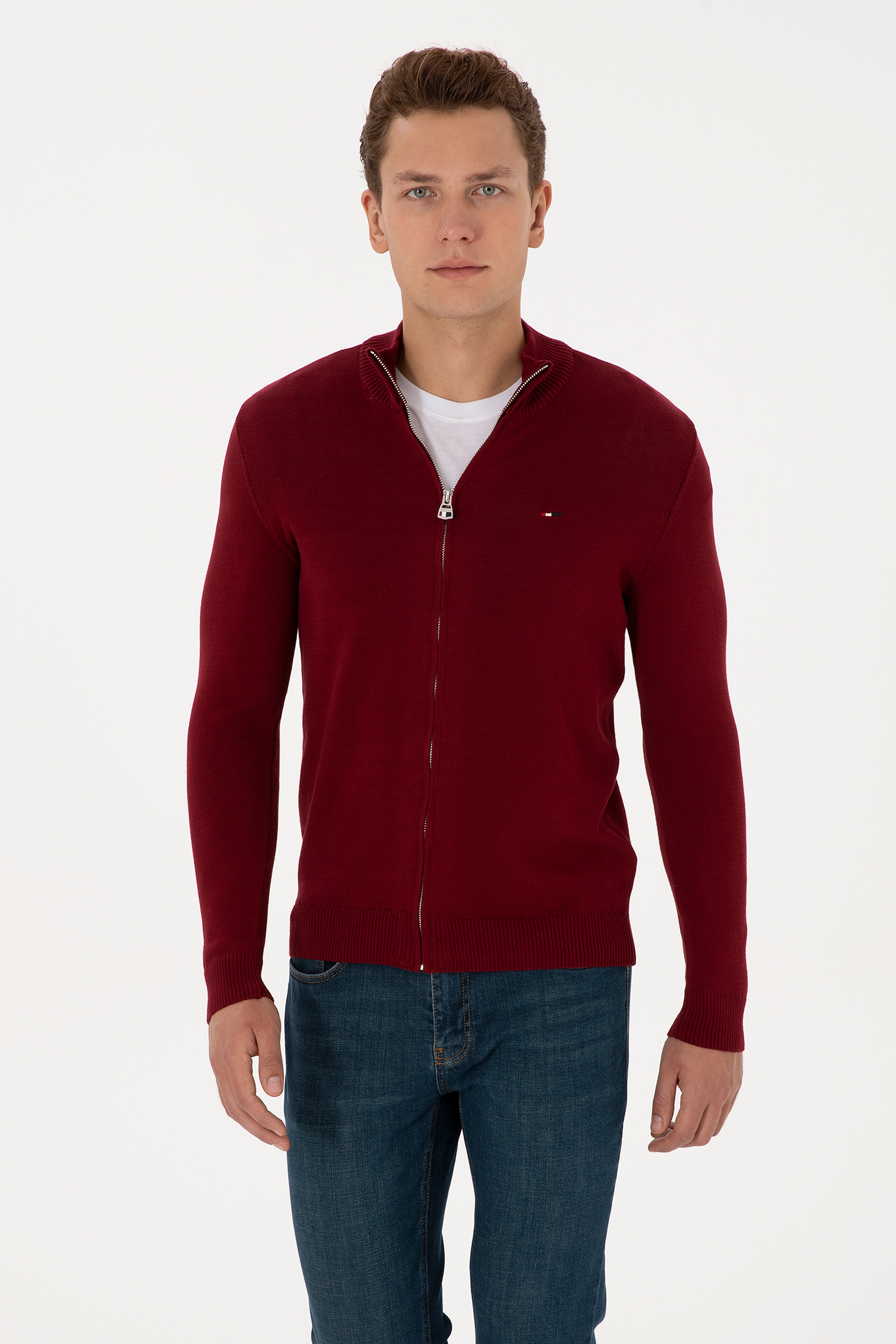 Erkek Slim Fit Bordo Basic Triko Hırka - Image 3