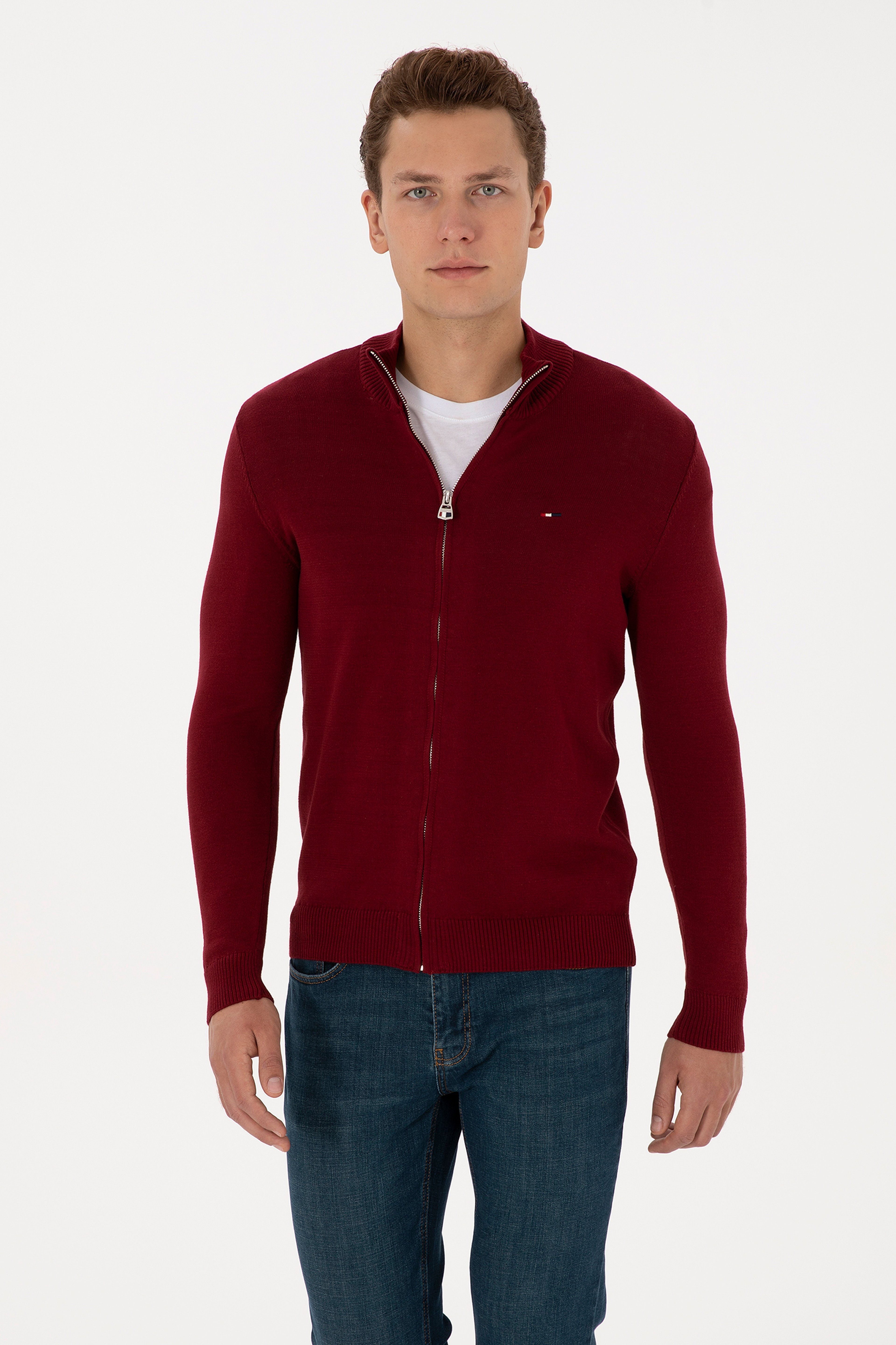 Erkek Slim Fit Bordo Basic Triko Hırka