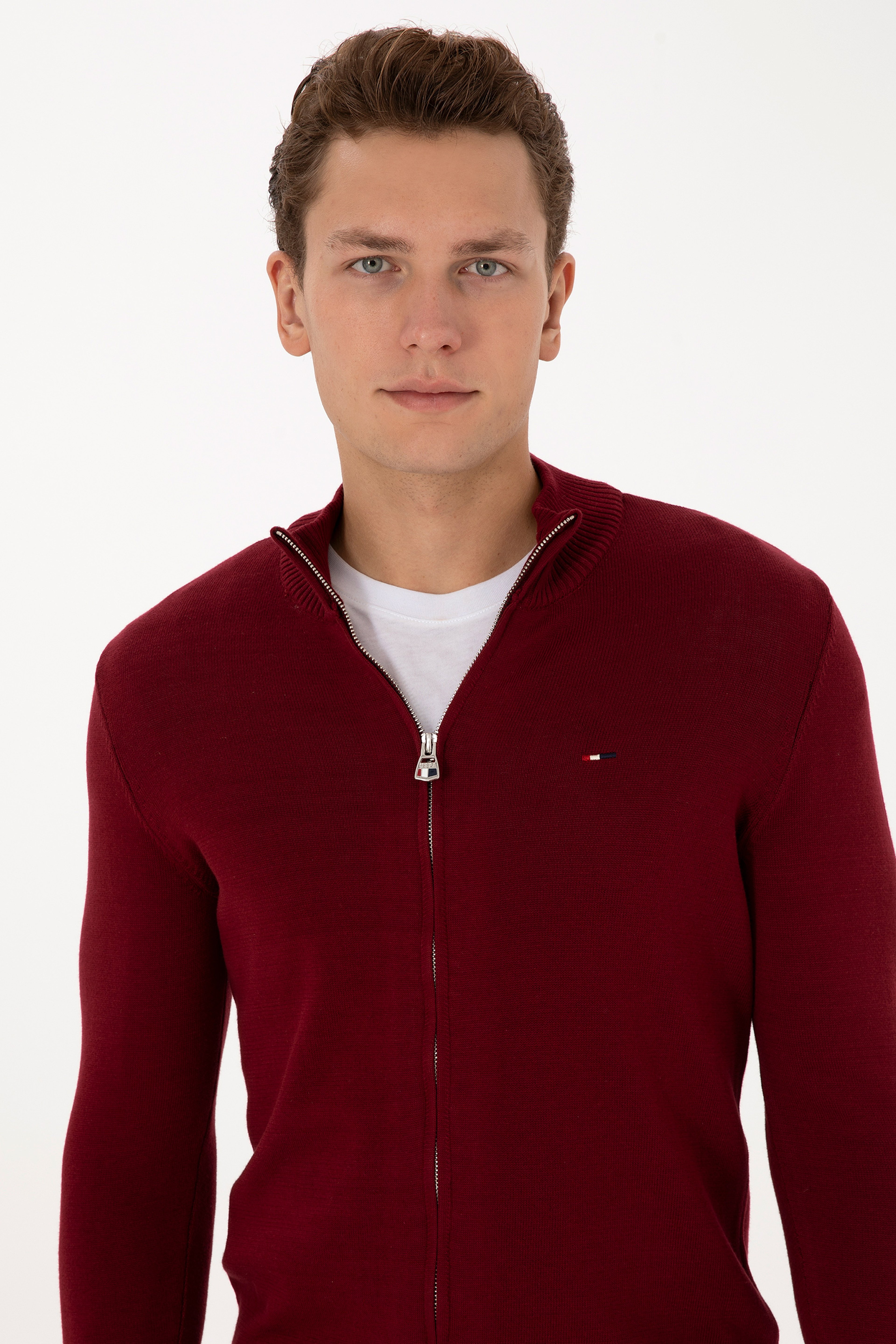 Erkek Slim Fit Bordo Basic Triko Hırka - Image 2