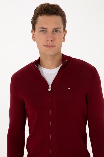Erkek Slim Fit Bordo Basic Triko Hırka