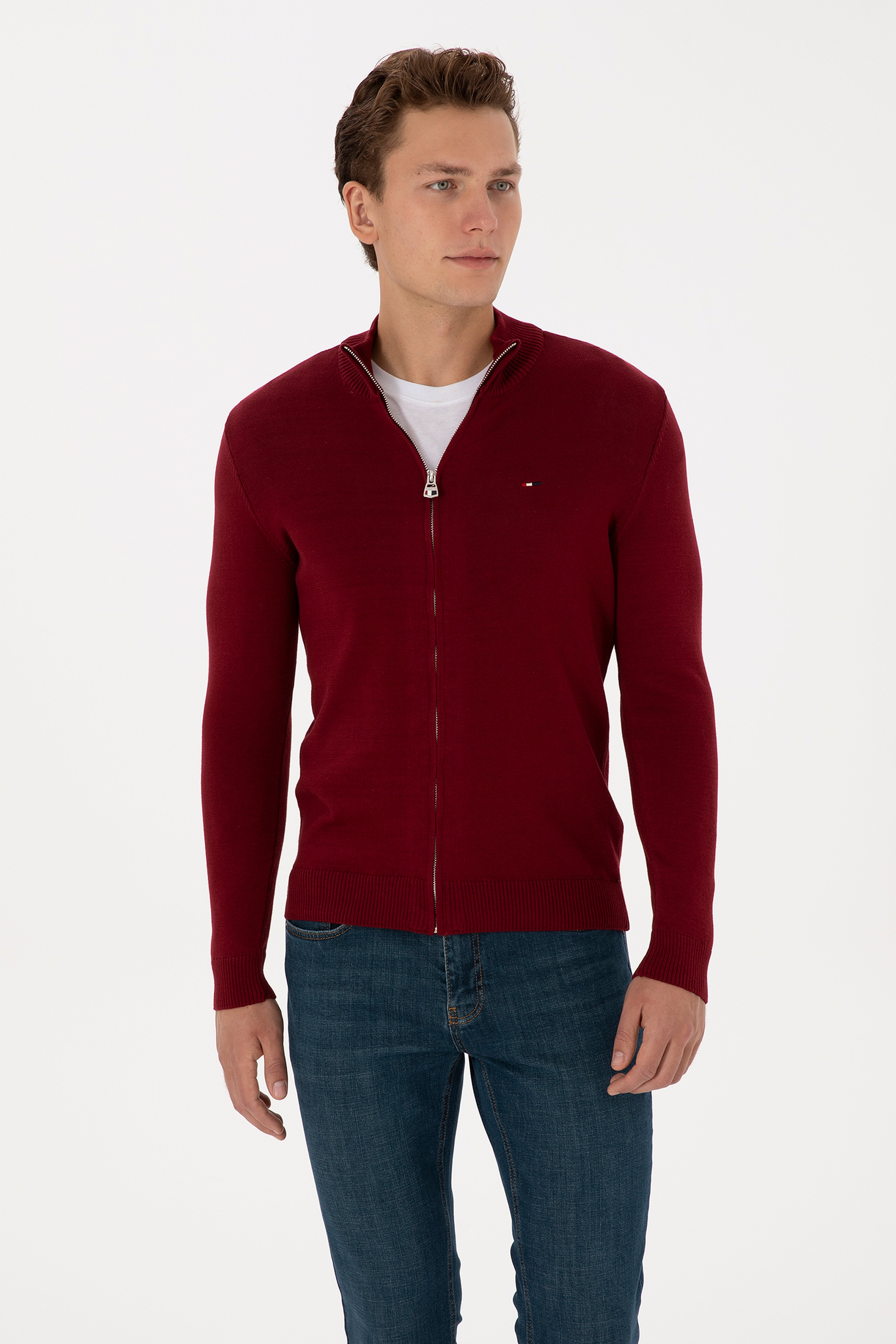 Erkek Slim Fit Bordo Basic Triko Hırka - Image 1