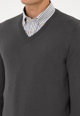 Erkek Slim Fit V Yaka Gri Basic Triko Kazak - 50313662184