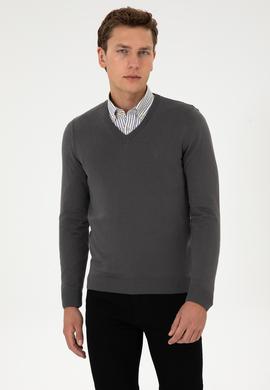 Erkek Slim Fit V Yaka Gri Basic Triko Kazak - 50313662184