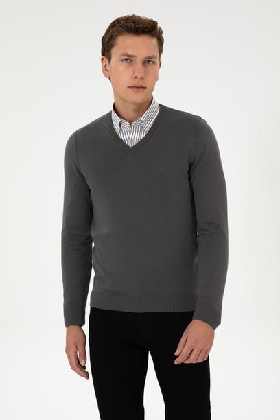 Erkek Slim Fit V Yaka Gri Basic Triko Kazak