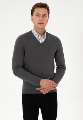 Erkek Slim Fit V Yaka Gri Basic Triko Kazak - 50313662184