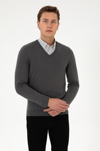 Erkek Slim Fit V Yaka Gri Basic Triko Kazak