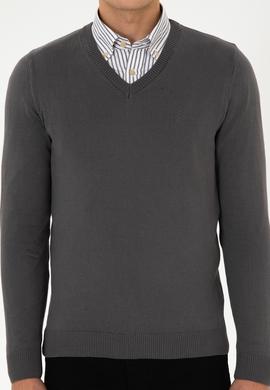 Erkek Slim Fit V Yaka Gri Basic Triko Kazak - 50313662184