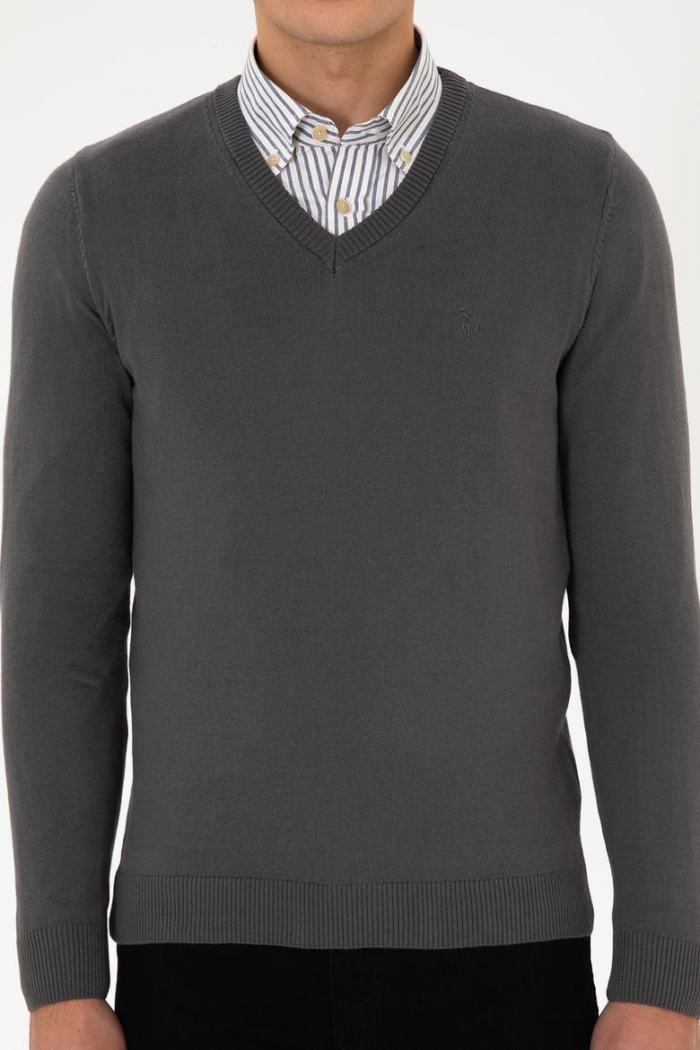 Erkek Slim Fit V Yaka Gri Basic Triko Kazak - 50313662184